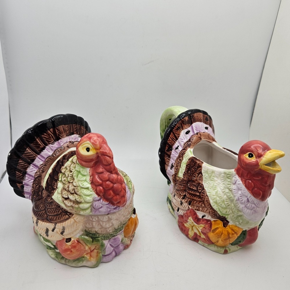 Vintage Ceramic Turkey Sugar Bowl & Creamer Set Thanksgiving Fall Harvest Decor